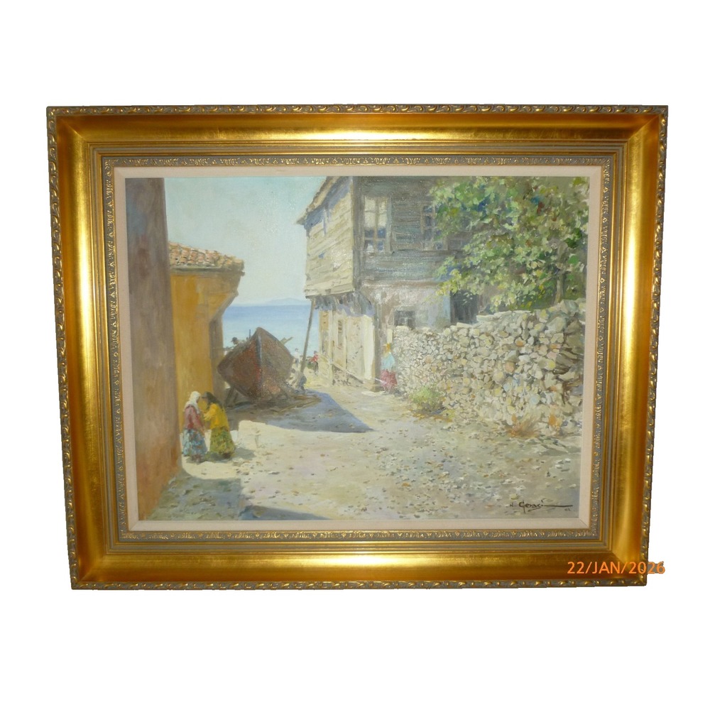 N Gerasim Signed 1962 Original Oil Painting Coastal Village Gilt Frame 29x25
